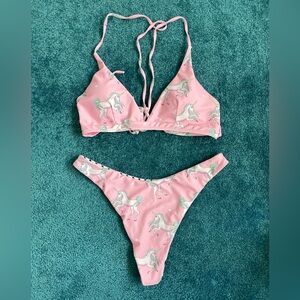 Zaful Pink Unicorn Print Bikini Set - Size Large